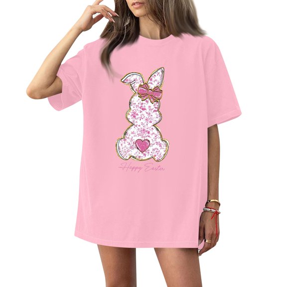 Women's Round Neck Printed Short Sleeve T-Shirt Top, Easter Themed Casual Tee for Girl Groups, Street Style, and Relaxed Weekend Wear,Pink,XL