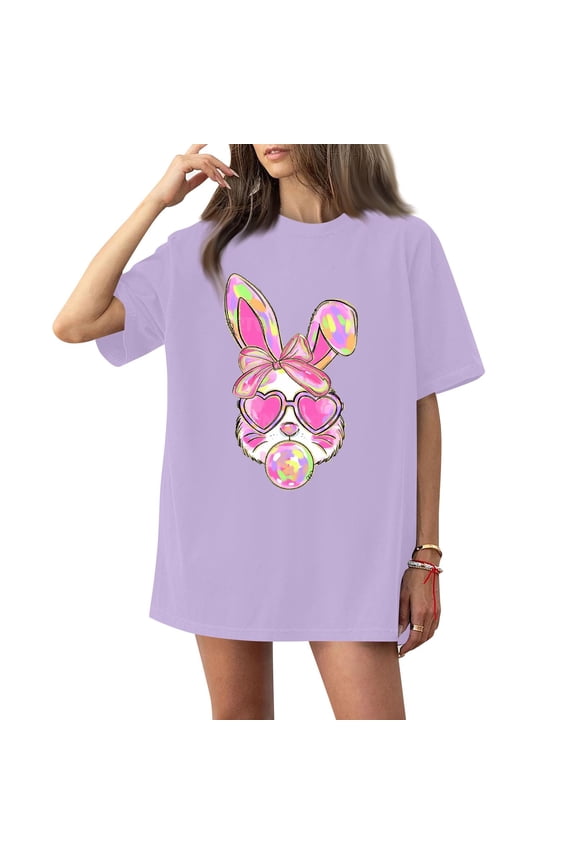 Women's Round Neck Printed Short Sleeve T-Shirt Top, Easter Themed Casual Tee for Girl Groups, Street Style, and Relaxed Weekend Wear,Purple,5XL