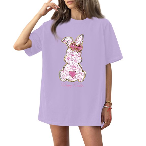 Women's Round Neck Printed Short Sleeve T-Shirt Top, Easter Themed Casual Tee for Girl Groups, Street Style, and Relaxed Weekend Wear,Purple,XL