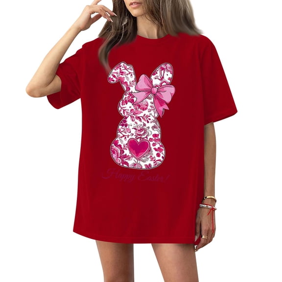 Women's Round Neck Printed Short Sleeve T-Shirt Top, Easter Themed Casual Tee for Girl Groups, Street Style, and Relaxed Weekend Wear,Red,3XL