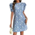 thumbnail image 1 of Women's Round Neck Puff Short Sleeve Mini Dress 95% Polyester 5% Spandex Lightweight Easy Care Everyday Party Dress, 1 of 19