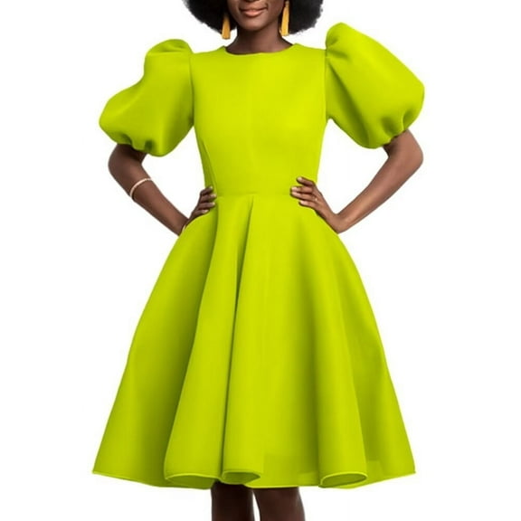 Women's Round Neck Puff Sleeve Midi Dresses Ruffle A-Line Summer Casual Dress