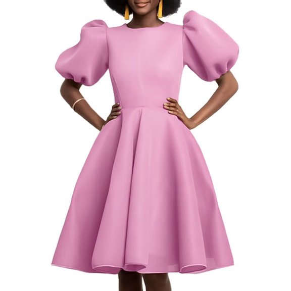 Women's Round Neck Puff Sleeve Midi Dresses Ruffle A-Line Summer Casual Dress