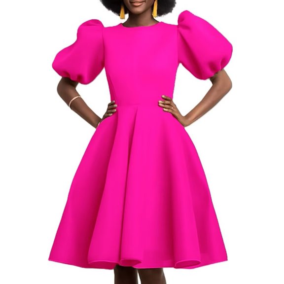 Women's Round Neck Puff Sleeve Midi Dresses Ruffle A-Line Summer Casual Dress