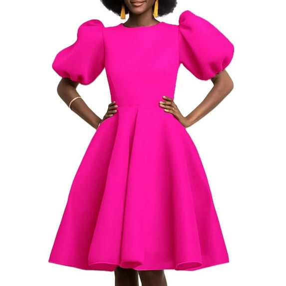 Women's Round Neck Puff Sleeve Midi Dresses Ruffle A-Line Summer Casual Dress