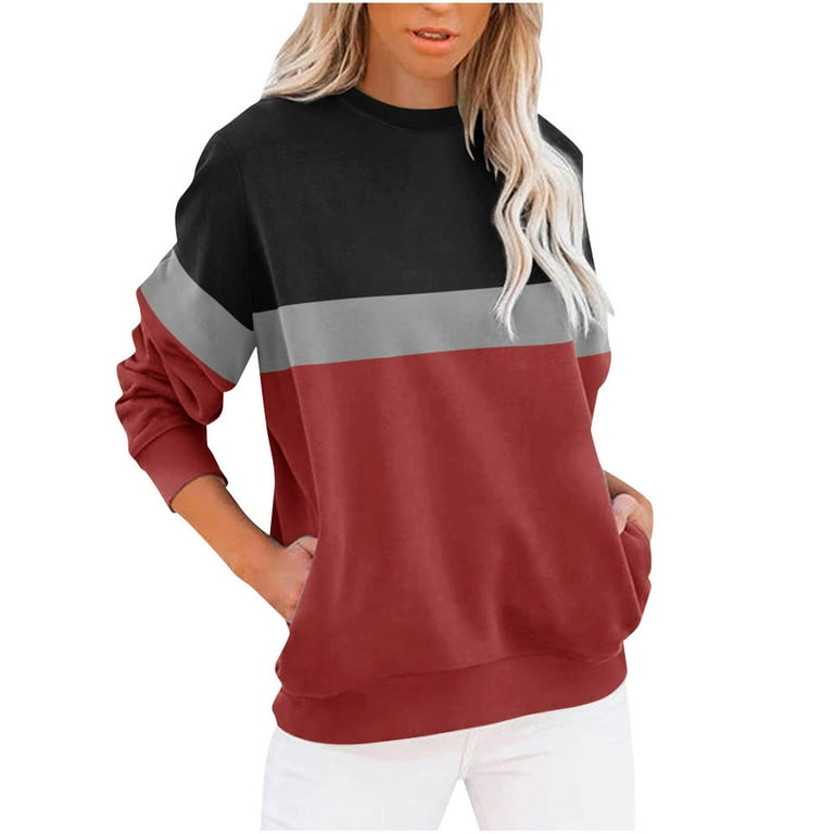 Women s Round Neck Pullover Long Sleeve Sweatshirt with Pockets Winter Color Block Casual Tops