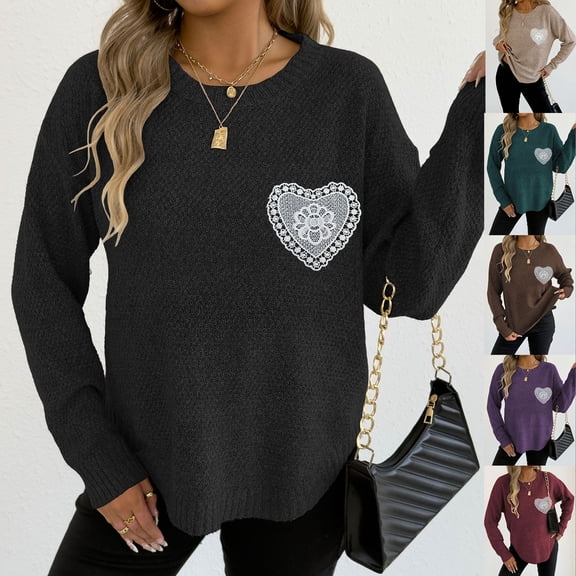 Women's Round Neck Pullover Sweater with Hand-Crochet Detail Comfortable Casual for Fall and Winter Fashion, Perfect for Holiday Parties and Casual Outfits, Cozy and Unique,Wine,M