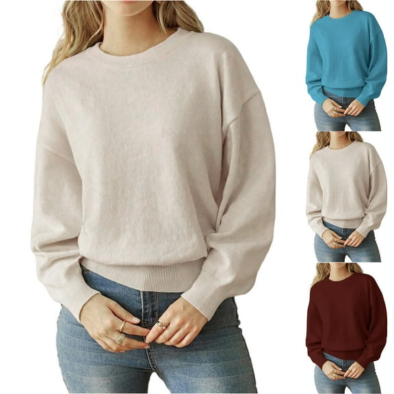 Women's Round Neck Pullover Sweater Long Sleeve Solid Color Casual Loose Comfortable Fashion for Fall and Winter Style, Ideal for Holiday Season and Everyday Use, Soft and Trendy,Blue,S