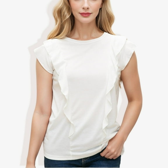 Women's Round Neck Ruffle Detail Short Sleeve Layering Long T-Shirt Casual Top-Small, White