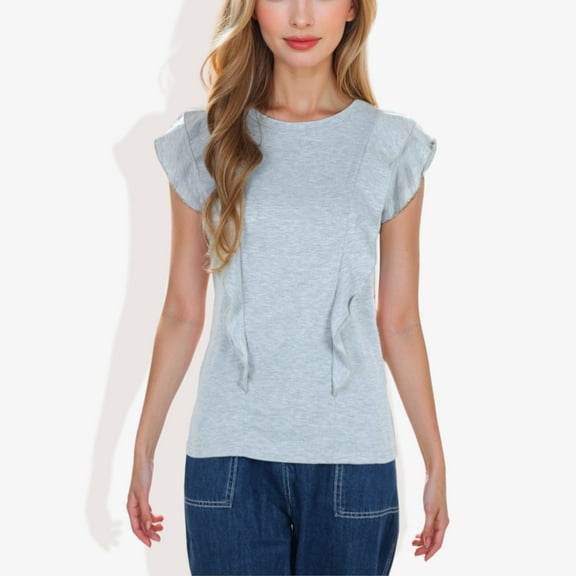 Women's Round Neck Ruffle Detail Short Sleeve Layering Long T-Shirt Casual Top-X Large, Gray
