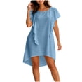 thumbnail image 1 of Women's Round Neck Ruffle Short Sleeve Mini Dress, Solid Loose Irregular High Low Hem Casual Swing Short Dress Blue S(S), 1 of 5
