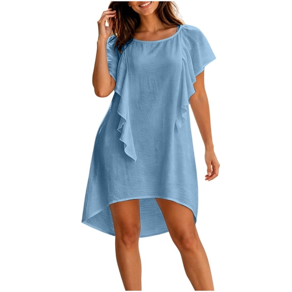 Women's Round Neck Ruffle Short Sleeve Mini Dress, Solid Loose Irregular High Low Hem Casual Swing Short Dress Blue S(S)