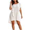 thumbnail image 1 of Women's Round Neck Ruffle Short Sleeve Mini Dress, Solid Loose Irregular High Low Hem Casual Swing Short Dress White M(M), 1 of 7