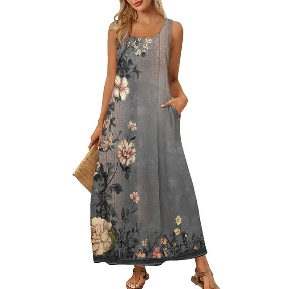 Women's Round Neck Ruffled Hem Sleeveless Dress Lightweight Polyester Blend Casual Dress with Back Smocking for Outdoor Concerts,Dark Gray S