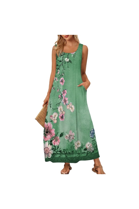 Women's Round Neck Ruffled Hem Sleeveless Dress Lightweight Polyester Blend Casual Dress with Back Smocking for Outdoor Concerts,Green M