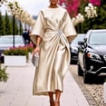 thumbnail image 1 of Women’s Round Neck Satin Midi Dress Three Quarter Kimono Sleeve Formal Dress with Knotted Waist Sparkling Brooch and Side Pockets, 1 of 1
