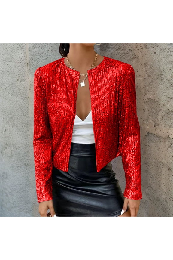 Women's Round Neck Sequin Jacket, Long Sleeve Open Front Cardigan, Sparkly Short Coat, Glitter Evening Cover-Up, Dressy Casual Jacket, Holiday Party Wear, Shimmery Top Layer Red