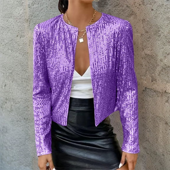 Women's Round Neck Sequin Jacket, Long Sleeve Open Front Cardigan, Sparkly Short Coat, Glitter Evening Cover-Up, Dressy Casual Jacket, Holiday Party Wear, Shimmery Top Layer Purple