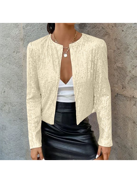 Women's Round Neck Sequin Jacket, Long Sleeve Open Front Cardigan, Sparkly Short Coat, Glitter Evening Cover-Up, Dressy Casual Jacket, Holiday Party Wear, Shimmery Top Layer Beige