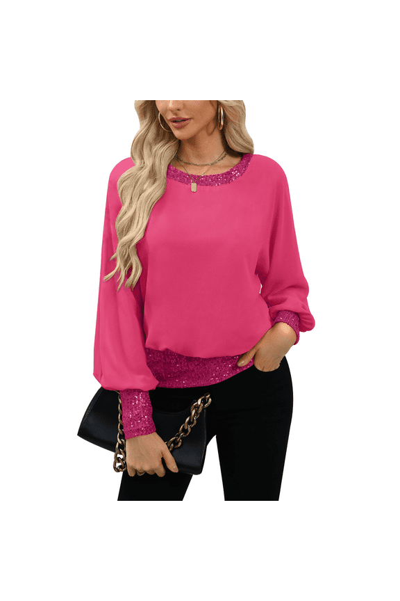 Women's Round Neck Sequin Trim Sweatshirt, Sparkly Long Sleeve Pullover, Casual Sequin Top, Glitter Crewneck Sweater, Everyday Sparkle Top, Fall Winter Party Wear Hot Pink L