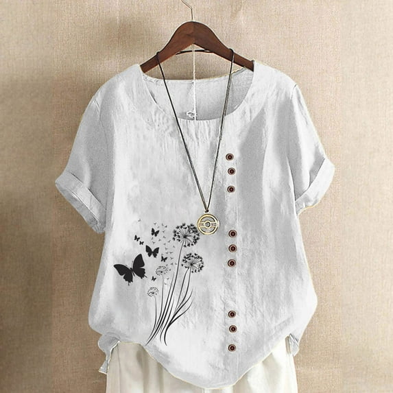 Women's Round Neck Short Sleeve Button Shirts Fit Basic Casual T Shirts Blouse Summer Trendy Work Blouses