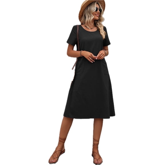 Women's Round Neck Short Sleeve Dress with Pockets in 100% Cotton Fabric Knee Length A line Silhouette Soft Breathable
