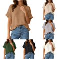 thumbnail image 1 of Women's Round Neck Short Sleeve Knitted Sweater Ruffled Hem Pullover with Openwork Pattern for Summer, 1 of 5