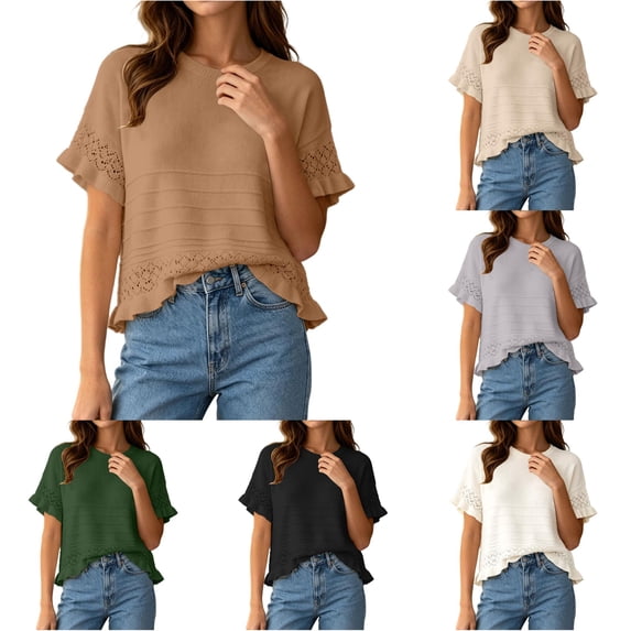 Women's Round Neck Short Sleeve Knitted Sweater Ruffled Hem Pullover with Openwork Pattern for Summer