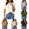 thumbnail image 1 of Women's Round Neck Short Sleeve Knitted Sweater Ruffled Hem Pullover with Openwork Pattern for Summer, 1 of 5