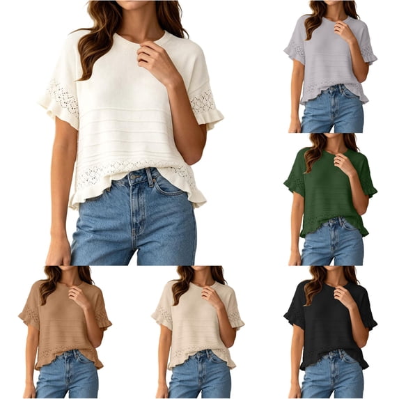 Women's Round Neck Short Sleeve Knitted Sweater Ruffled Hem Pullover with Openwork Pattern for Summer