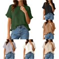 thumbnail image 1 of Women's Round Neck Short Sleeve Knitted Sweater Ruffled Hem Pullover with Openwork Pattern for Summer, 1 of 5