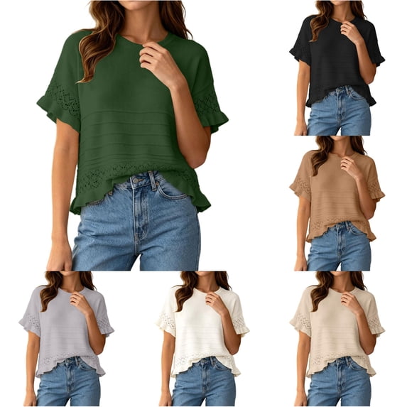 Women's Round Neck Short Sleeve Knitted Sweater Ruffled Hem Pullover with Openwork Pattern for Summer