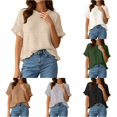 thumbnail image 1 of Women's Round Neck Short Sleeve Knitted Sweater Ruffled Hem Pullover with Openwork Pattern for Summer, 1 of 5