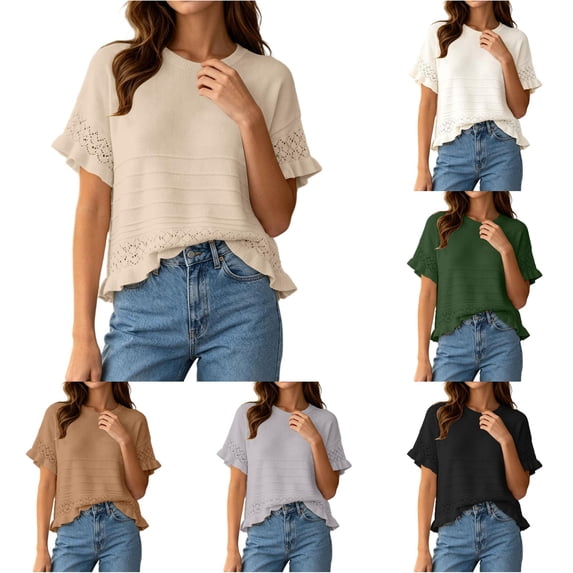 Women's Round Neck Short Sleeve Knitted Sweater Ruffled Hem Pullover with Openwork Pattern for Summer