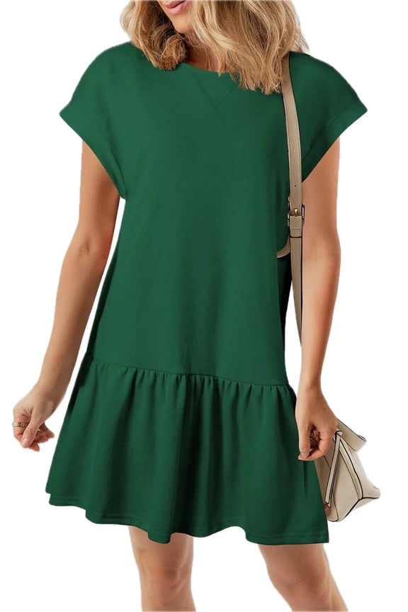 Women's Round Neck Short Sleeve Mini Dress with Ruffled Stretch Flattering Shape 65% polyester 30% viscose 5% elastane