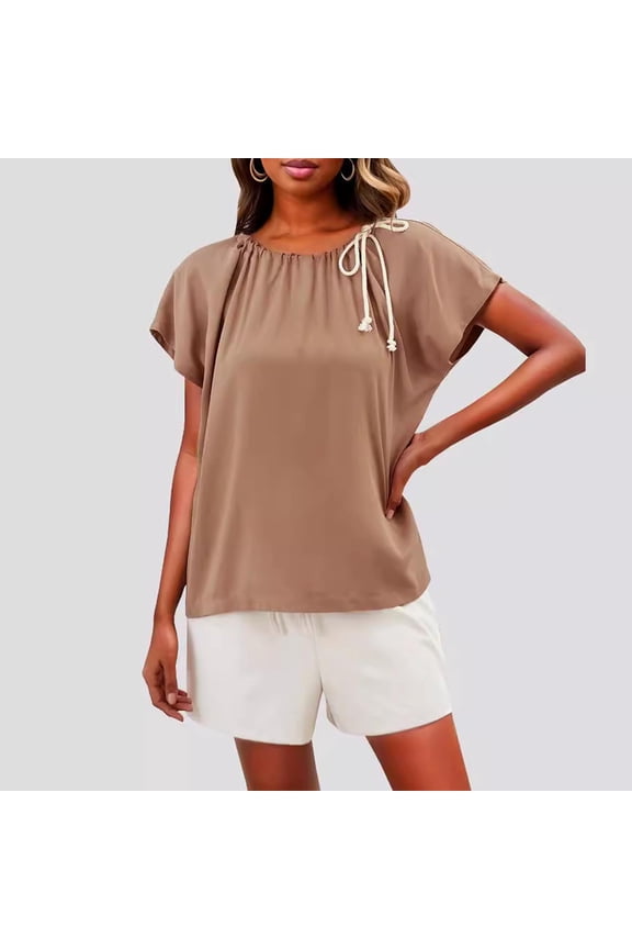 Women's Round Neck Short Sleeve Solid Color Pleated Tops Shirts Blouses Crewneck Drawstring Waist Loose Fit Casual Daily Wear Work Office Vacation Fashion Essential Gift for Ladies