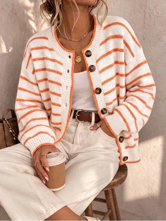 Women's Round Neck Single-Breasted Contrast Stripe Lantern Sleeve Knit Cardigan, Loose Casual Fashion Versatile For Autumn/Winter, Retro Street Commute Style