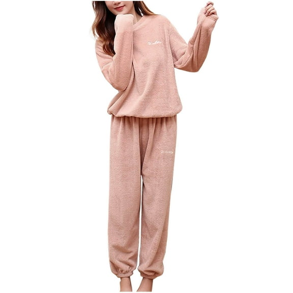 Women's Round Neck Sleepwear Letter Embroidery Elastic Waist Solid Color Pants Pajama Set