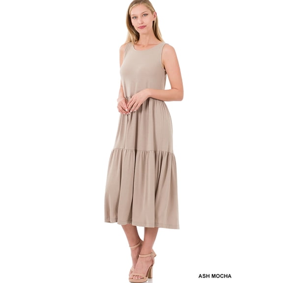"Women's Round Neck Sleeveless A-Line Ruffle Tiered Midi Casual Dress (ASH MOCHA, S)"