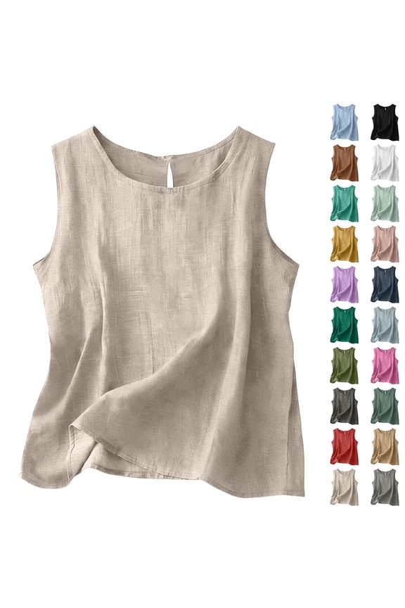 Women's Round Neck Sleeveless Cotton Linen Blouse Casual Loose Fit Summer Basic Top by Yigetop Beige L