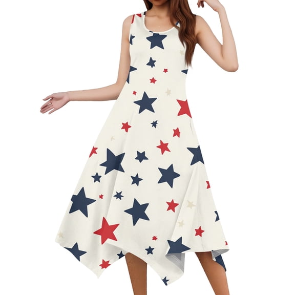 Women's Round Neck Sleeveless Dress Casual Midi Sundress with Independence Day Print, Irregular Hem for Unique Style,Royal Blue 2XL