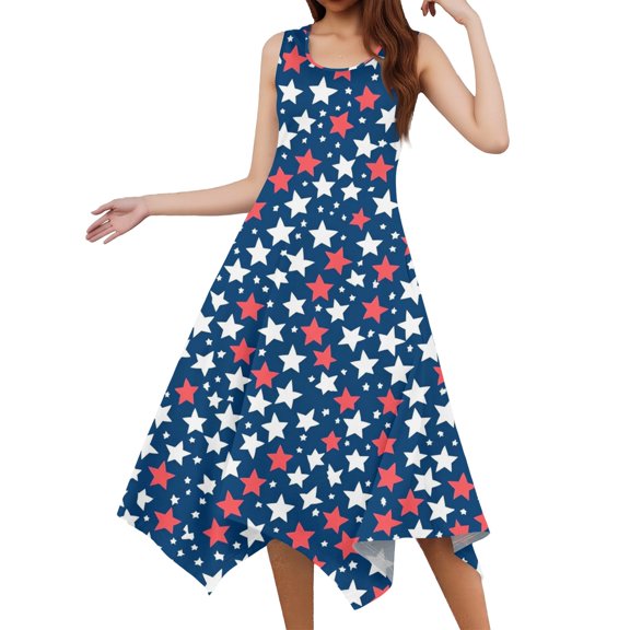 Women's Round Neck Sleeveless Dress Casual Midi Sundress with Independence Day Print, Irregular Hem for Unique Style,Sky Blue S
