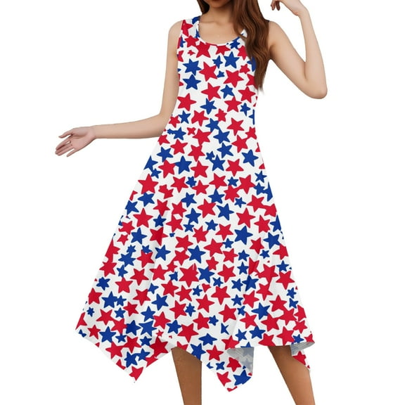 Women's Round Neck Sleeveless Dress Casual Midi Sundress with Independence Day Print, Irregular Hem for Unique Style,Watermelon Red S