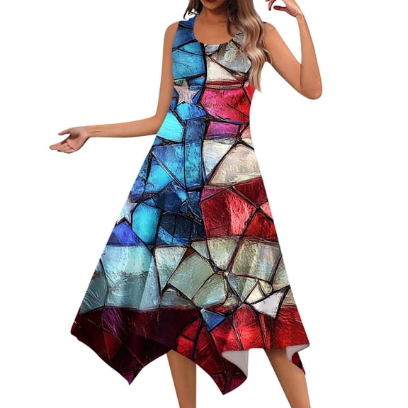 Women's Round Neck Sleeveless Dress Casual Summer Sundress with Patriotic Print, Irregular Hem Design for Stylish Outfits,Sky Blue 2XL