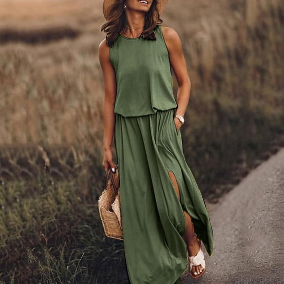 Women's Round Neck Sleeveless Dress Slit Solid Color Classic Plus Size Waist Casual Commuting Loose Long Skirts