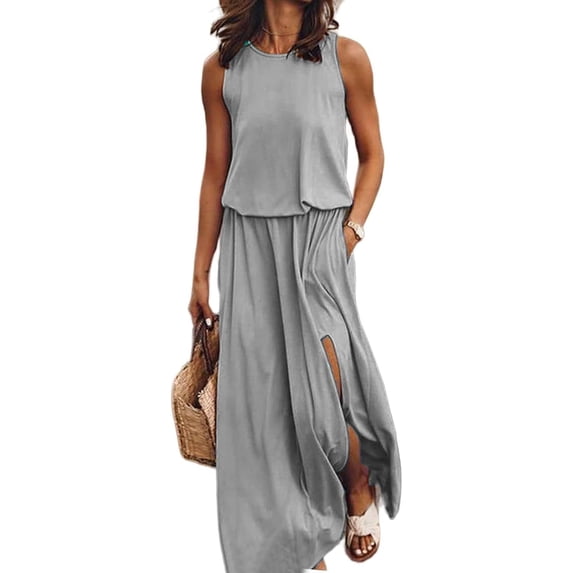 Women's Round Neck Sleeveless Dress Slit Solid Color Classic Plus Size Waist Casual Commuting Loose Long Skirts