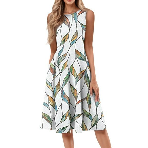 Women's Round Neck Sleeveless Midi Dress Retro Print Casual Summer Dress with Button Front and Belt Loops for Flea Market Trips,Green 3XL