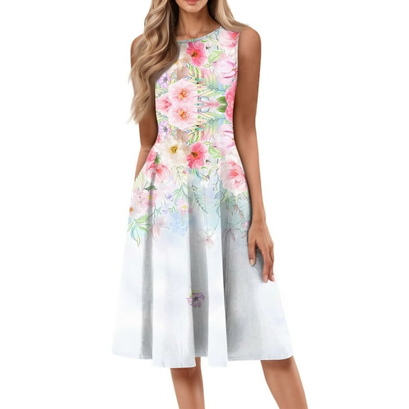 Women's Round Neck Sleeveless Midi Dress Retro Print Casual Summer Dress with Button Front and Belt Loops for Flea Market Trips,Pink 2XL