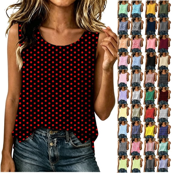 Women's Round Neck Sleeveless Polka Dot Print Tank Top, Loose Casual Summer Blouse,Wine,Women's Plus Size XXXL