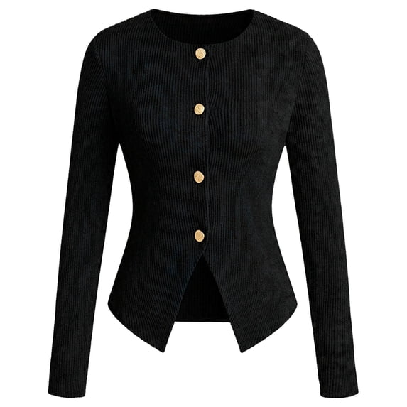Women's Round Neck Slim Fitted Button Up Long Sleeve Ribbed Knit Cardigan Sweater Jacket, Lightweight Soft Skin-Friendly Business Casual Work Layering for Fall Winter Daily Black